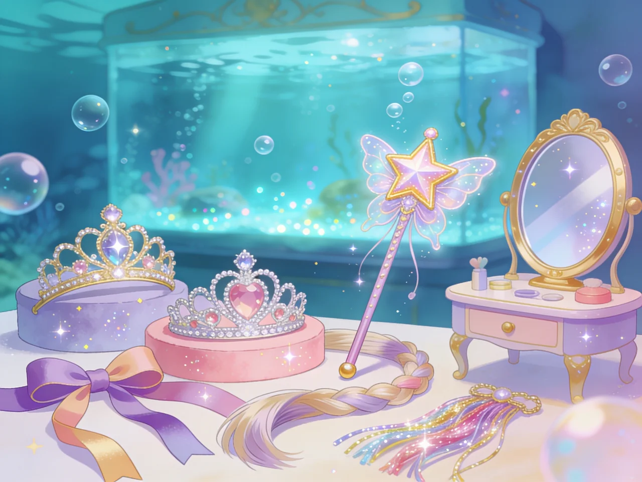 Princess Makeover tiaras, wand, and vanity by the aquarium
