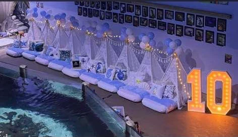Guests sleeping under the aquarium shark tunnel